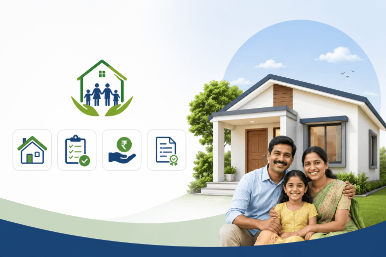 Indiramma Illu housing scheme illustration showing a happy family in front of a modern house with home assistance and application support icons