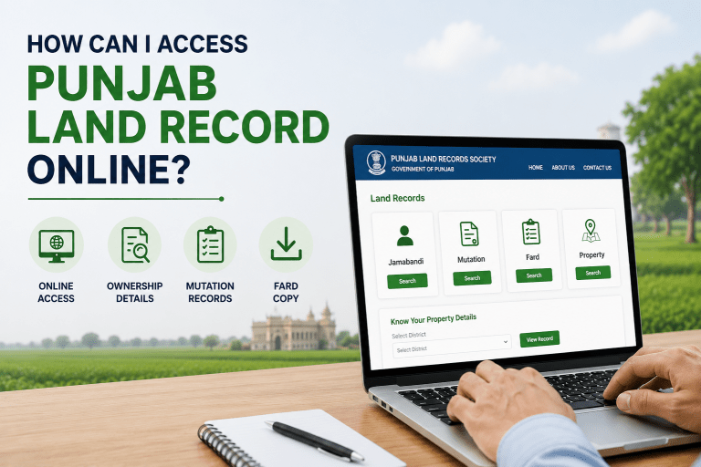 Punjab land record online portal illustration showing laptop-based access to Jamabandi, mutation records, and Fard copy details