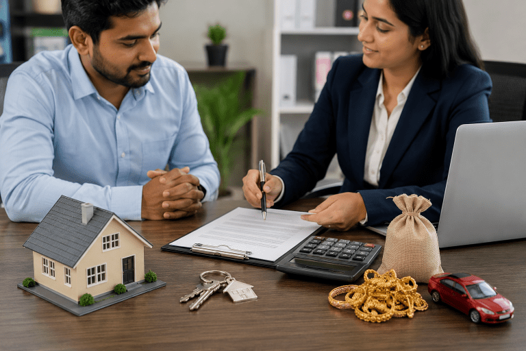 Secured loan consultation in India with property documents, collateral assets, and borrower meeting lender.