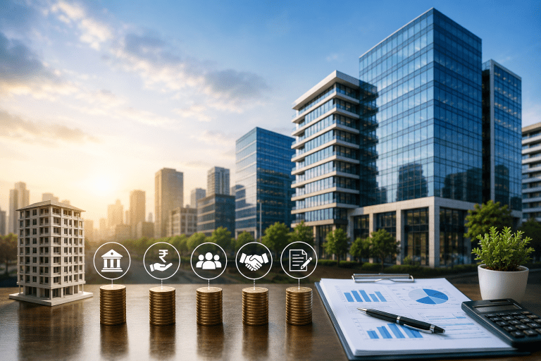 Modern commercial real estate financing concept with office buildings, investment charts, coins, and financial planning elements in India.