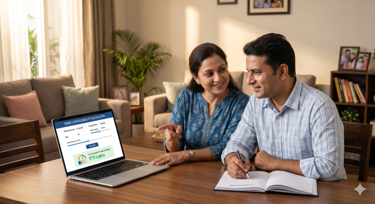 A smiling couple sitting at a wooden table, using a laptop showing a home loan eligibility calculator to plan their finances.