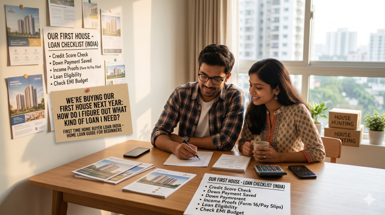 A young couple sitting at a wooden table, reviewing a home loan checklist and property brochures for their first house in India.
